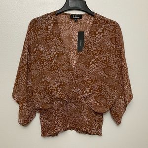 Lulus women wrap cropped top size xl brown floral kimono sleeve v-neck